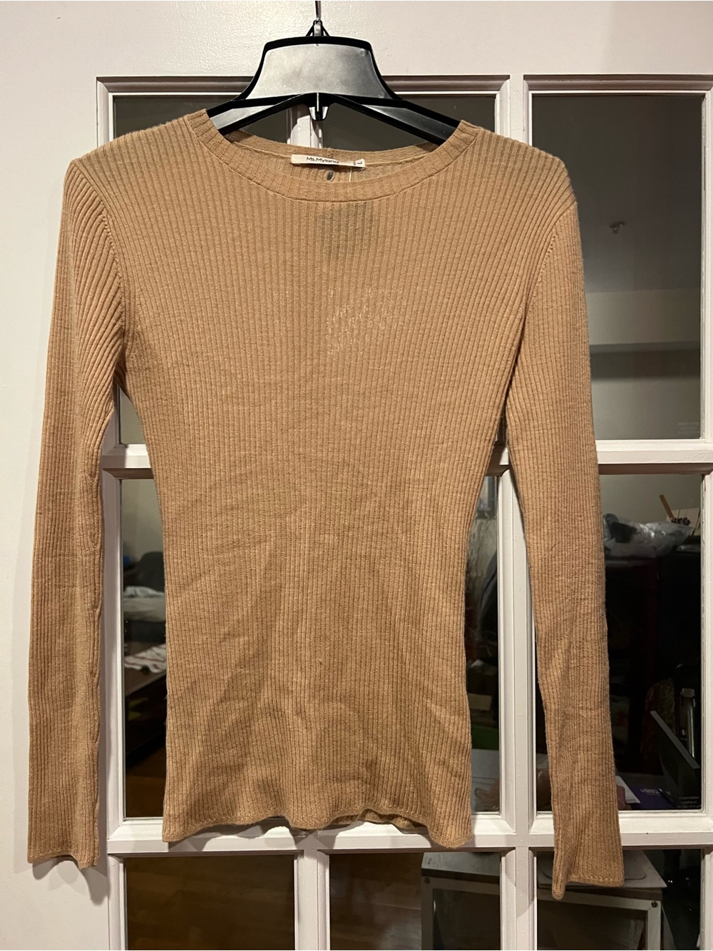 Ribbed Long-Sleeve Crewneck Top in Camel